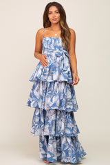 Blue Floral Ruffle Tiered Smocked Maternity Maxi Dress