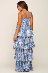 Blue Floral Ruffle Tiered Smocked Maternity Maxi Dress