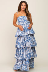 Blue Floral Ruffle Tiered Smocked Maternity Maxi Dress