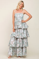 Mint Green Floral Ruffle Tiered Smocked Maxi Dress