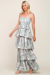 Mint Green Floral Ruffle Tiered Smocked Maxi Dress