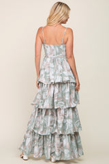 Mint Green Floral Ruffle Tiered Smocked Maxi Dress