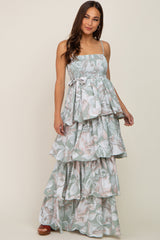 Mint Green Floral Ruffle Tiered Smocked Maternity Maxi Dress