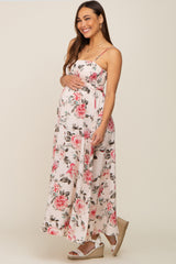 Pink Floral Smocked Square Neck Maternity Maxi Dress