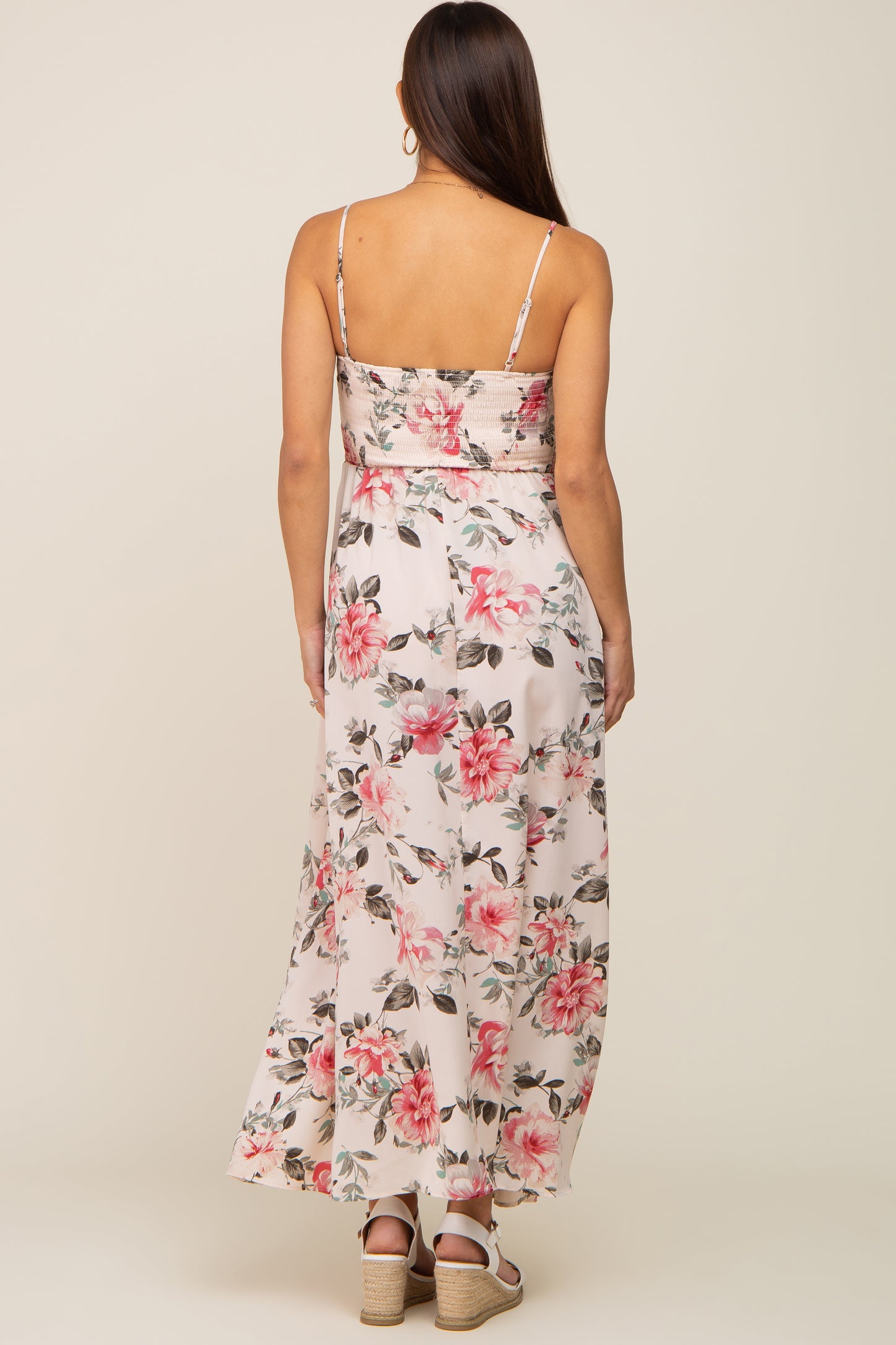 Pink Floral Square Neck Ruffle Layered Maternity Maxi Dress