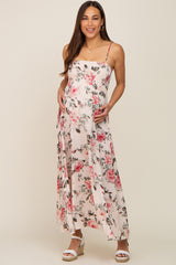 Pink Floral Smocked Square Neck Maternity Maxi Dress