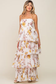 Gold Floral Smocked Ruffle Tiered Maternity Maxi Dress