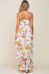 Gold Floral Smocked Ruffle Tiered Maternity Maxi Dress