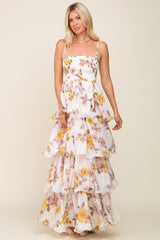 Gold Floral Smocked Ruffle Tiered Maternity Maxi Dress