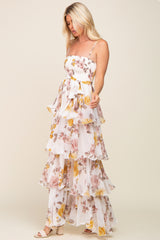 Gold Floral Smocked Ruffle Tiered Maxi Dress