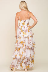 Gold Floral Smocked Ruffle Tiered Maxi Dress