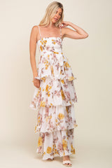 Gold Floral Smocked Ruffle Tiered Maxi Dress