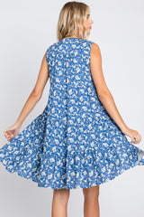 Blue Leaf Print Front Tassel Tie Tiered Dress