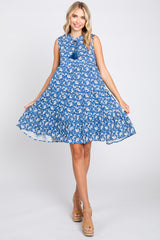 Blue Leaf Print Front Tassel Tie Tiered Dress