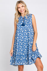 Blue Leaf Print Front Tassel Tie Tiered Maternity Dress