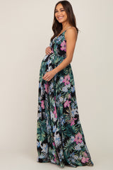 Black Tropical Floral Chiffon Wrap Front Maternity Maxi Dress