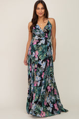 Black Tropical Floral Chiffon Wrap Front Maternity Maxi Dress