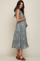 Teal Floral Tiered Maternity Midi Dress