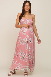 Mauve Floral Sleeveless Smocked Maternity Maxi Dress