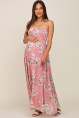 Mauve Floral Sleeveless Smocked Maternity Maxi Dress