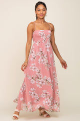 Mauve Floral Sleeveless Smocked Maternity Maxi Dress