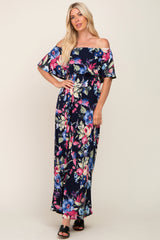 Navy Floral Off Shoulder Flounce Maxi Dress