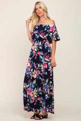 Navy Floral Off Shoulder Flounce Maxi Dress