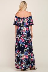 Navy Floral Off Shoulder Flounce Maxi Dress