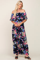 Navy Floral Off Shoulder Flounce Maxi Dress