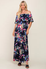 Navy Floral Off Shoulder Flounce Maxi Dress