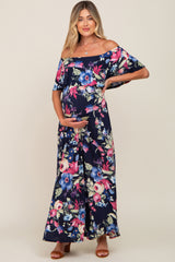 Navy Floral Off Shoulder Flounce Maternity Maxi Dress