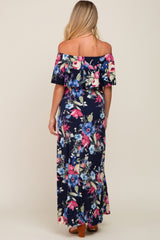 Navy Floral Off Shoulder Flounce Maternity Maxi Dress