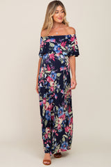 Navy Floral Off Shoulder Flounce Maternity Maxi Dress