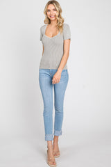 Grey Ribbed Knit Fitted Top