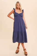 Navy Gauze Ruffle Midi Dress