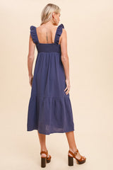 Navy Gauze Ruffle Midi Dress