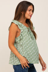 Light Olive Floral Front Tie Ruffle Shoulder Maternity Top