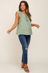 Light Olive Floral Front Tie Ruffle Shoulder Maternity Top