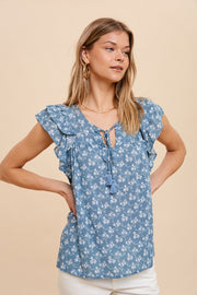 Blue Floral Front Tie Ruffle Shoulder Top