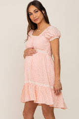 Peach Floral Lace Accent Maternity Dress