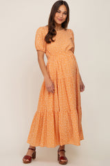 Peach Floral Open Back Tiered Maternity Midi Dress