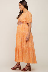 Peach Floral Open Back Tiered Maternity Midi Dress