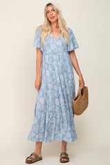 Light Blue Paisley Button Down Tiered Maxi Dress