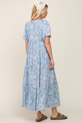 Light Blue Paisley Button Down Tiered Maxi Dress