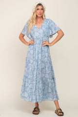 Light Blue Paisley Button Down Tiered Maxi Dress