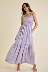 Lavender Smocked Embroidered Ruffle Strap Maternity Maxi Dress