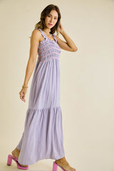 Lavender Smocked Embroidered Ruffle Strap Maxi Dress