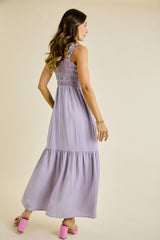 Lavender Smocked Embroidered Ruffle Strap Maxi Dress