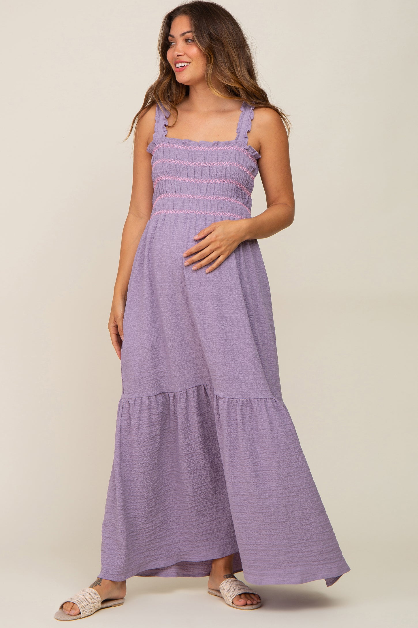 Lavender Smocked Embroidered Ruffle Strap Maternity Maxi Dress