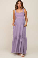 Lavender Smocked Embroidered Ruffle Strap Maternity Maxi Dress